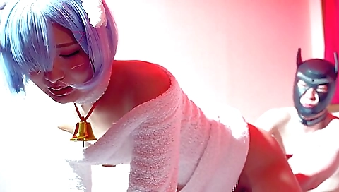 Japanese with a white watermelon takes off a uniform and fucks