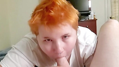 Redhead hottie's mouth and pussy is covered by a big dick