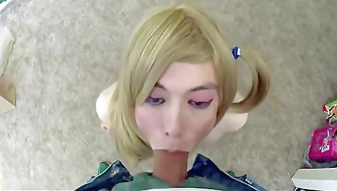 Busty shemale in leather top and panties gets her face fucked