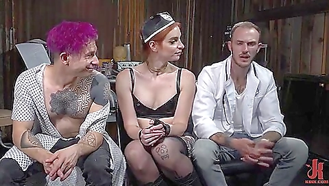 Hot woman with red dress and stockings fucked in a threesome