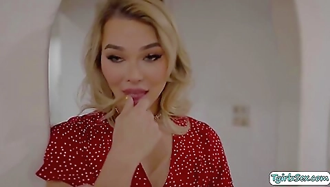 Blonde milf is fucking with her hot dick and she is playing with it