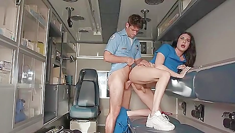 Transsexual brunette nurse gets a hard prick down her ass